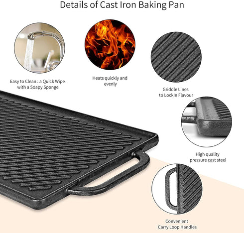 Hisencn Cast Iron Stove Griddle for Gas Grill, Nonstick Reversible Cast Iron Griddle Plate for Gas StoveTop, Outdoor Grill, Oven or Campfire (15.47L"8.18"W)