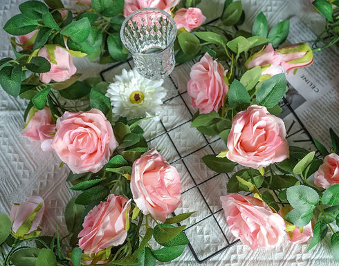 Meiliy 5 Pack 6.6 FT Artificial Flower Garland,Fake Pink Rose Hanging Flower Vines for Home Wedding Party Decor