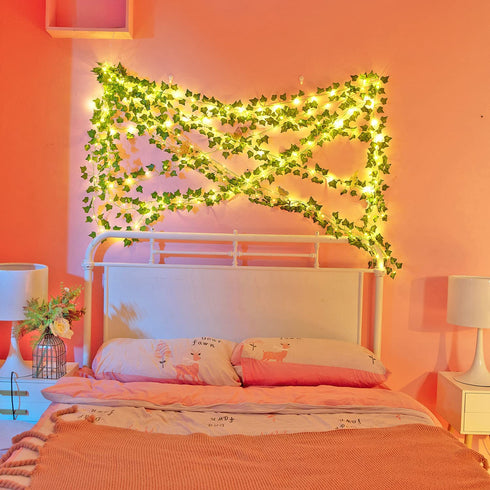 Naidiler 12 Pcs Artificial Ivy Garland Fake Vines with 32 Ft Lights String (100 LED) Decor Faux Green Hanging Plant Greenery for Wall Party Wedding Room Home Kitchen Indoor & Outdoor Decoration