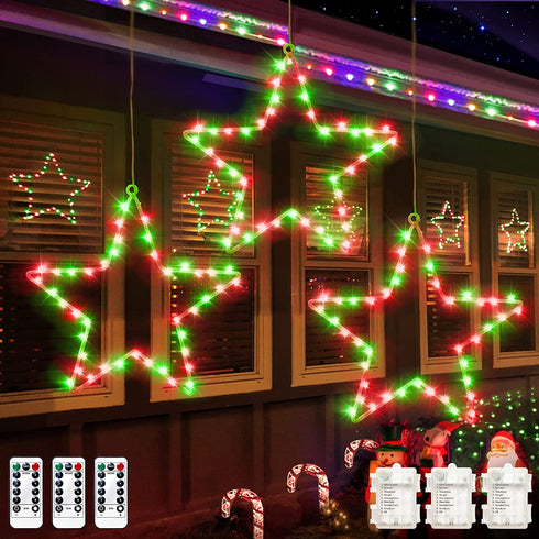 Christmas Window Lights 3 Pack Battery Operated LED Star Light 8 Modes Timer Fairy Hanging Light, Outdoor Waterproof Decor for Home Xmas Tree Porch Holiday Party Indoor Decoration Red and Green