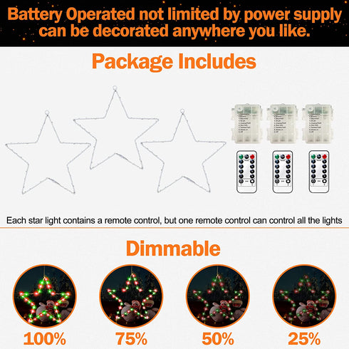 Christmas Window Lights 3 Pack Battery Operated LED Star Light 8 Modes Timer Fairy Hanging Light, Outdoor Waterproof Decor for Home Xmas Tree Porch Holiday Party Indoor Decoration Red and Green