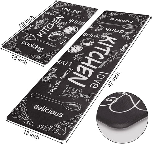 HYDLUB Black Kitchen Rugs and Mats Cushioned 18" x 29"+18" x 47" Anti Fatigue Set Farmhouse Kitchen Rug Runner Comfort PVC Leather Heavy Duty Standing Mats Waterproof Non Slip Kitchen Floor Mat