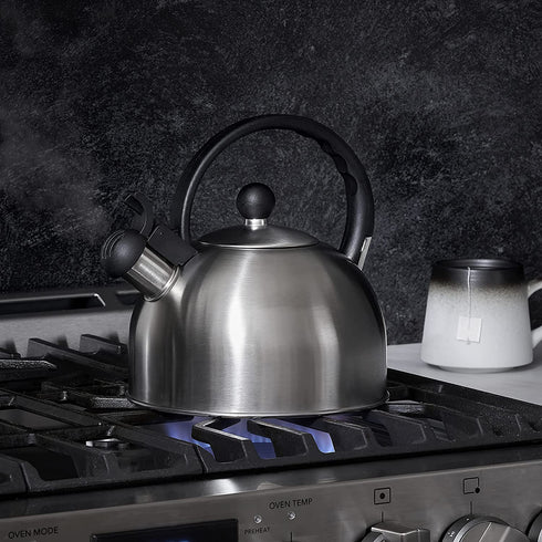 Diamond Home 2.5 Liter Stainless Steel Whistling Tea Kettle - Modern Stainless Steel Whistling Tea Pot for Stovetop with Cool Grip Ergonomic Handle - Silver