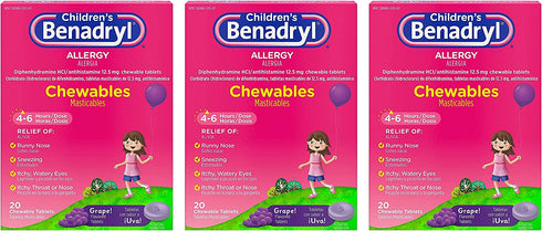 Benadryl Children's Allergy Chewables with Diphenhydramine HCl, Antihistamine Chewable Tablets in Grape Flavor, Three Pack, 3 x 20 ct Each, 60 ct