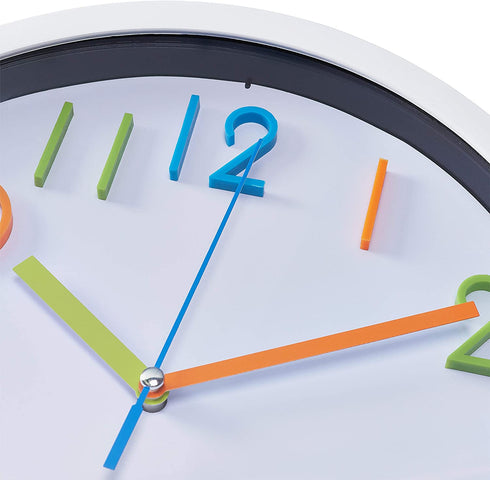 Bernhard Products Colorful Kids Wall Clock 10 Inch Silent Non Ticking Quality Quartz Battery Operated Wall Clocks, Easy to Read 3D Multi Colored Numbers Nursery Classroom Office Kitchen, White Frame