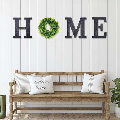 Wooden Home Sign with Green Wreath Flower, Wall Hanging Decor 11.8 Inch Home Decorative Sign Rustic Wooden Letters Decor for Living Room Kitchen Entry Way Housewarming Decoration