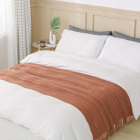 PANDAHOME Textured Throw Blanket Rust Orange Solid Soft for Sofa Couch Decorative Knitted Blanket, 50" x 60", Red Mud