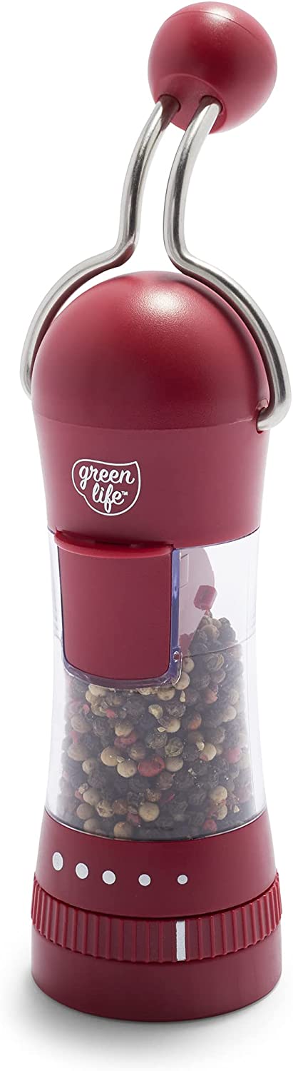 GreenLife Salt and Pepper Grinder, Mess-Free Ratchet Mill, Adjustable Coarseness and Easily Refillable, Red
