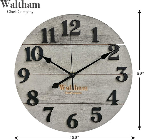 Waltham Real Wood Wall Clock, 12 inch, Battery Operated, Grey Finish - Made from Real Wood not Particle Board or MDF- 100% Real Wood!