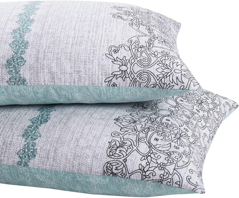 Wake In Cloud - Pack of 2 Pillow Cases, Reversible with Gray Grey Teal Turquoise, Soft Microfiber Pillowcases (King Size, 20x36 Inches)