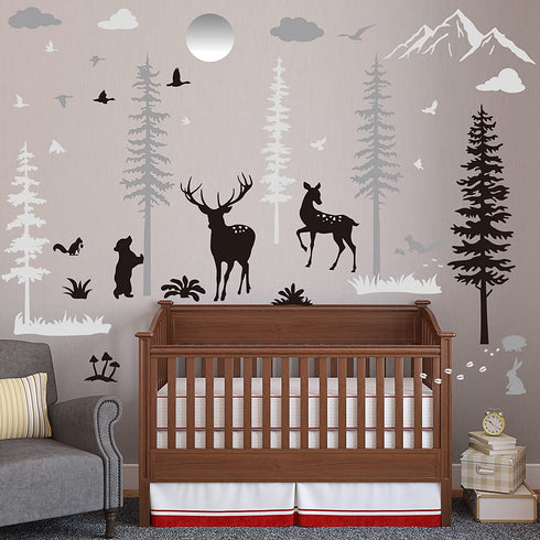 Nursery Wall Decals Forest Deers Wall Stickers Bears Pine Tree Wall Decals Mural Art Wallpaper for DIY Children Room Nursery Vinyl Removable Decals (Classic Style)