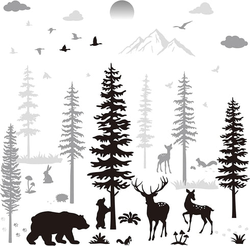 Nursery Wall Decals Forest Deers Wall Stickers Bears Pine Tree Wall Decals Mural Art Wallpaper for DIY Children Room Nursery Vinyl Removable Decals (Classic Style)