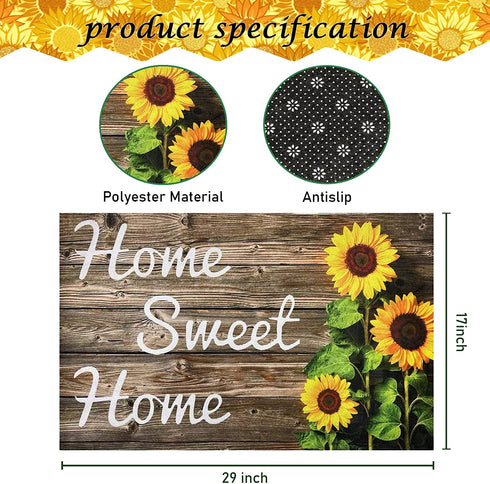 Sunflower Welcome Doormat, 17 X 29 Inch Wood Background Flower Spring Summer Decorative Home Sweet Home Entrance Rug Door Mat Rubber Backing Non-Slip Floor Mat for Kitchen Bathroom