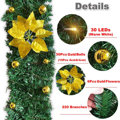 IronBuddy 9ft Lighted Christmas Garland Artificial Pine Garland with 30 LEDs 6 Flowers and 30 Ball Ornaments Mantle Garland Greenery Garland for Christmas Holiday Party Wedding Home Decor (Gold)