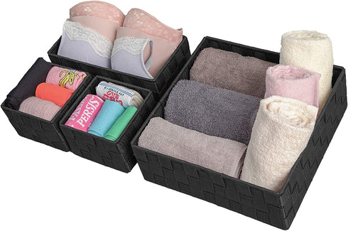 VK Living Woven Storage Box Basket Bin Container, Woven Strap Basket, Nylon Woven Box Basket, Underwear Bra Storage Organizer Divider for Drawer, Dresser, Closet, Black, Set of 4