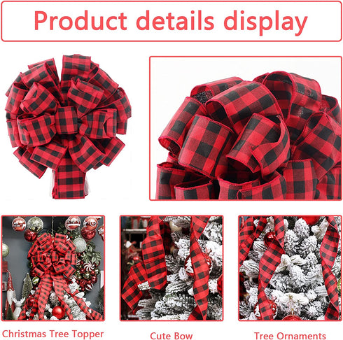 MoonXmas Christmas Tree Topper, Red and Black Buffalo Plaid Christmas Bows for Xmas Holiday Party Decoration.