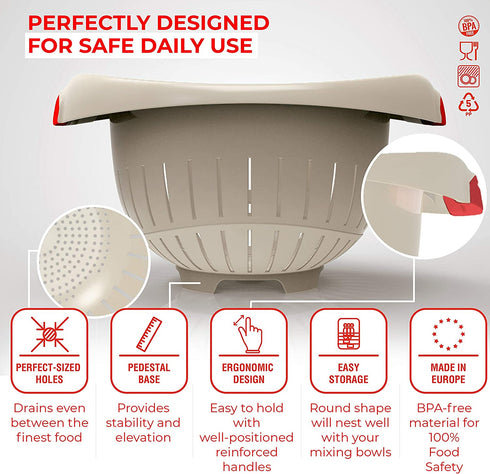 European Made Colander/Strainer, Heavy Duty Deep for Draining Pasta, Lettuce, Vegetables and Fruit, Dishwasher Safe, Beige