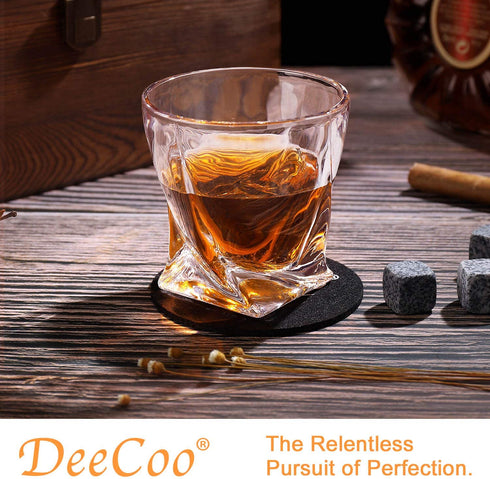 Whiskey Glasses Set of 2 - Bourbon Glasses with Wooden Box, Old Fashioned Whiskey Glass Set with Stones, 10 oz Scotch Glasses Gift Set for Men, Crystal Cocktail Glasses/Bar Glasses for Dad