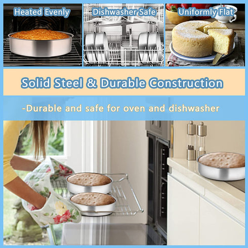 6 Inch Cake Pan, E-far 4-Piece Stainless Steel Round Cake Baking Pans with Decorating Supplies, Layer Cake Pans with Parchment Paper Icing Tips Spatula Scrapper, Non-toxic & Healthy, Dishwasher Safe