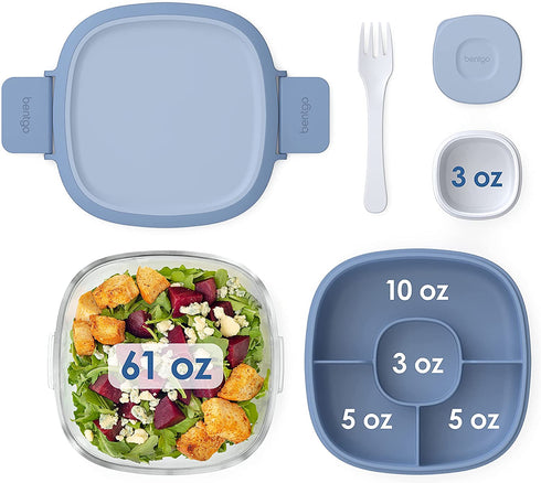 Bentgo® Glass - Leak-Proof Salad Container with Large 61-oz Salad Bowl, 4-Compartment Bento-Style Tray for Toppings, 3-oz Sauce Container for Dressings, and Built-In Reusable Fork (Light Blue)