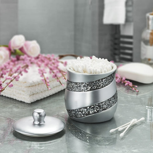 Silver Mosaic Q Tip Holder (3.8 x 3.8 4.9") - Decorative Cotton Ball Jar- Durable Resin Swab Container- Beautiful Bathroom Vanity Accessories- Elegant Bath Storage (Silver Gary) - Creative Scents