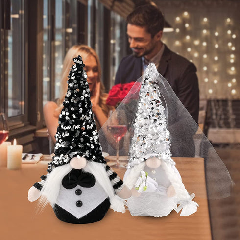 2 Pcs Bride & Bridegroom Wedding Dress Gnome Decoration, Shinning Wedding Dress Gnome Plush Present,Couple Dwarf Doll Elf Scandinavian Ornaments Home Decor Plot Gifts