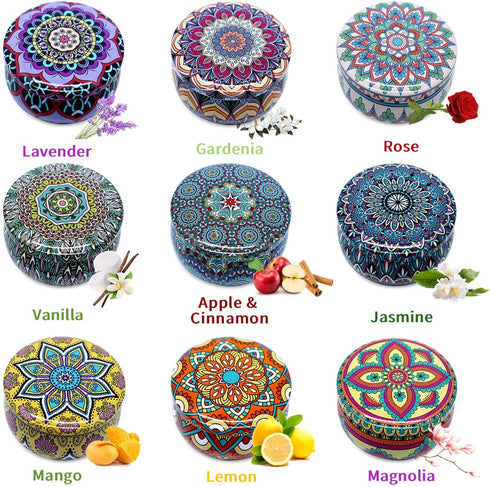 Soyyla Set of 9 Scented Candle for Christmas Thanksgiving Housewarming Return Gift, 2.2oz Soy Wax Aromatherapy Candle for Stress Relief, Cute Bohemian Travel Portable Tin Candles, 2.2oz, Pack of 9