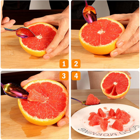 Grapefruit Spoons & Grapefruit Knife, Stainless Steel Grapefruit Utensil Set, Serrated Edge & Thick Gauge Handle, Rainbow Kitchen Tool with Non-stick Plating for Kiwi, Dessert, Apple (5 PCS)