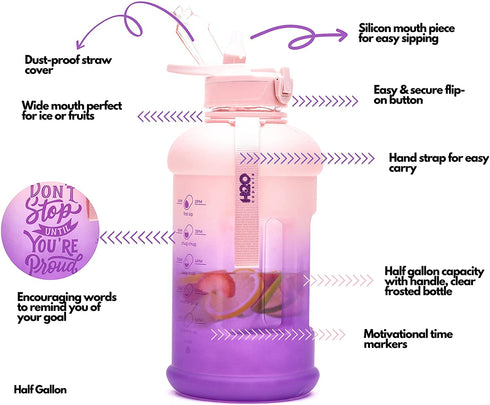 H2O Capsule INSPO Half Gallon Water Bottle with Time Marker and Straw Motivational Hydration Tracker Jug for Daily Intake Big BPA-Free FoodSafe Leakproof Drinking Bottle Handle & Strap, Purple Peach