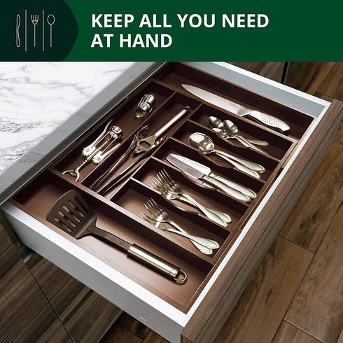 Luxury Bamboo Kitchen Drawer Organizer - Silverware Organizer - Utensil Holder and Cutlery Tray with Grooved Drawer Dividers for Flatware and Kitchen Utensils (9 Slot, Brown)