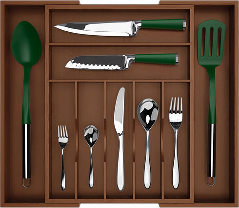 Luxury Bamboo Kitchen Drawer Organizer - Silverware Organizer - Utensil Holder and Cutlery Tray with Grooved Drawer Dividers for Flatware and Kitchen Utensils (9 Slot, Brown)