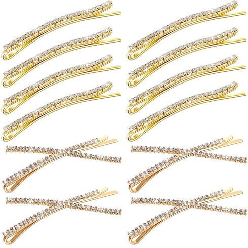 12 Pieces Rhinestone Bobby Pins Decorative Fancy Crystal Hair Clips Shiny Metal X Shaped Barrettes Bling Diamond Wedding Bridal Shower Hair Accessories for Women Ladies Girls (Gold, Fresh Style)
