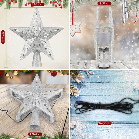 Christmas Tree Topper Lighted, Christmas Tree Toppers with Rotating Snowflakes LED Projector, Silver Star Tree Toppers Christmas Decorations