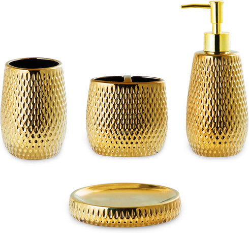 Gold Bathroom Accessory Set 4 Piece Ceramic Bath Accessories Sets Complete, Rain- Drop Shaped Bathroom Essential with Toothbrush Holder & Dish, Tumbler,Soap Dispenser Set for Bath Decor