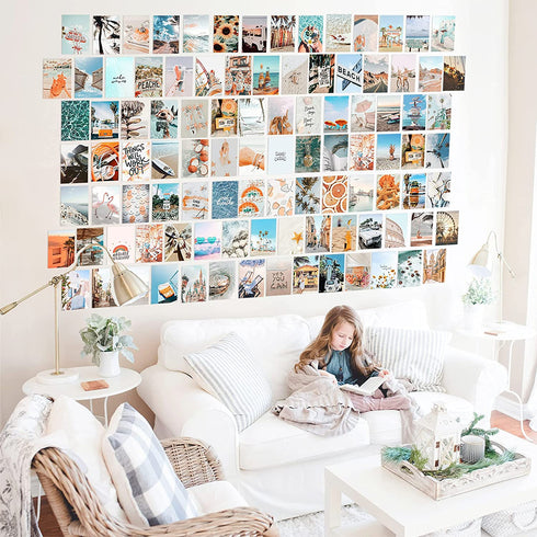 KOSKIMER 100PCS Blue Wall Collage Kit Aesthetic Pictures, 100 Set 4x6 Inch, Summer Beach Room Decor Aesthetic, Cute VSCO Posters for Teen Girls, Preppy Bedroom Decor, Vibey Photo Collage Kit for Dorm