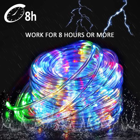 JMEXSUSS 2 Pack 100 LED Solar Rope Lights,33ft 8 Modes Solar Rope Lights Outdoor Waterproof LED Solar Powered Rope Tube for Trampoline Fence,Gazebo,Yard,Walkway,Path(Multi Color)