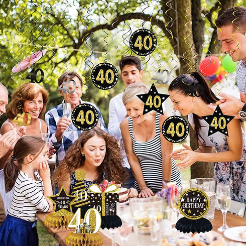 40th Birthday Decorations, 17 Pieces 40th Birthday Honeycomb Table Centerpieces and Hanging Swirl Happy 40th Birthday Party Decorations Cheer 40 Years Table Toppers for Men and Women