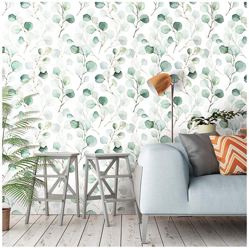 HaokHome 93044 Peel and Stick Wallpaper Green/White Eucalyptus Leaf Wall Mural Home Nursery Decor 17.7in x 9.8ft