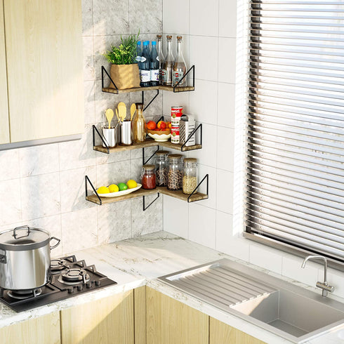 Love-KANKEI Floating Shelves Rustic Shelves Wall Mounted Set of 3 Wall Storage Shelves for Living Room, Bedroom, Kitchen Carbonized Black