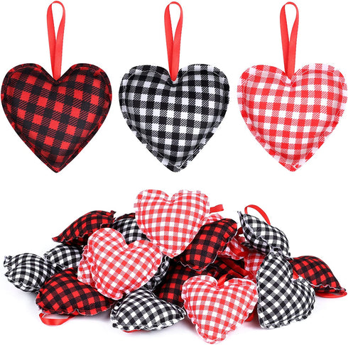 ADXCO 24 Pieces Valentine's Day Fabric Heart Hanging Ornaments, Heart Shaped Baubles Hanging Ornaments, Buffalo Plaid Heart Hanging Decorations for Valentine's Day, Party, Wedding Decoration