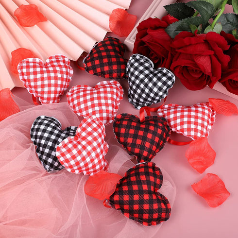 ADXCO 24 Pieces Valentine's Day Fabric Heart Hanging Ornaments, Heart Shaped Baubles Hanging Ornaments, Buffalo Plaid Heart Hanging Decorations for Valentine's Day, Party, Wedding Decoration