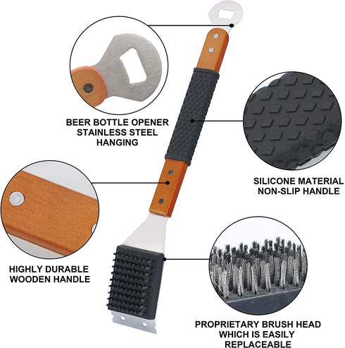 M.P.I cooper Grill Cleaning Brush and Scraper, Best BBQ Wire Bristles Brush for Grill Cleaning, Long Wooden Rubber Handle for Comfortable Safe and Strong Grip with Bottle Opener Tool