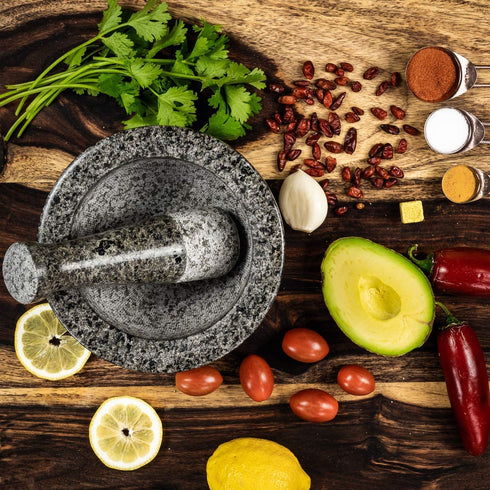 Mortar and Pestle Set - Double Sided Unpolished Granite Bowl - 6 Inch, 2 Cup Natural Heavy Molcajete Stone - With Counter Top Protective Pad - Made for a lifetime