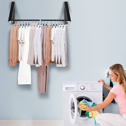 Tinfol Wall Mounted Clothes Drying Rack, 2pc Black Folding Cloth Hanger with Rod, Retractable Aluminum Home Storage Organiser Space Savers Coat Hanger for Laundry Room, Bathroom, Balcony