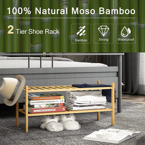 2-Tier Bamboo Shoe Rack for Entryway, Stackable | Heavy Duty | Multi-Function, Free Standing Shoe Racks for Bedroom Hallway Closet