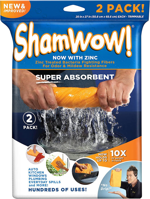 ShamWow- New & Improved Super Absorbent Multipurpose Cleaning Cloth Chamois Towel- Zinc Treated Odor Fibers (2 Pack)
