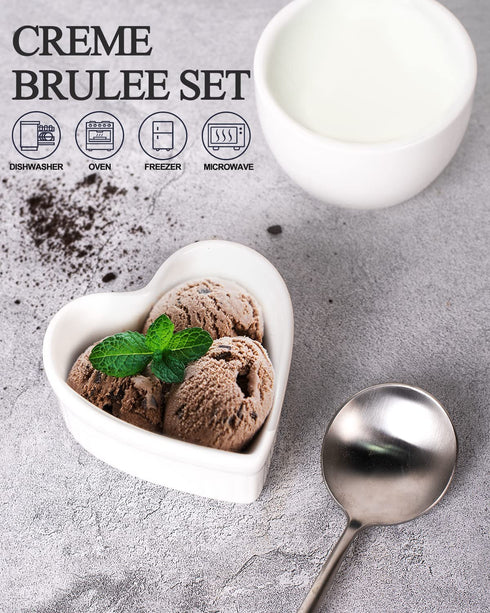 Delling Creme Brulee Ramekins 6 Oz Oven Safe- Porcelain Creme Brulee Set -Heart Shaped Ramekins for Souffle Baking Dish, Dessert/Dipping Bowls for Pudding, Valentines Day Gifts- Set of 6, White
