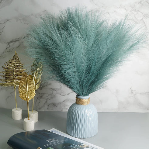 6PCS Artificial Pampas Grass Faux Short Fluffy Pampas Grass Plants Stems Branches for Wedding Home Living Room Decor Flower Arrangement and Vase Fillings(Peacock Green)