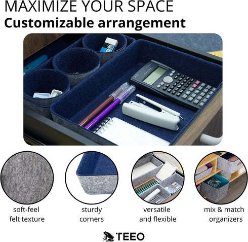 Teeo Felt Drawer Organizer Container Caddy Jewelry Tray Makeup Storage Organizers Home Office Desk Cosmetic Bins Dividers Box Compartment Nursery Bedroom Closet Organization, Pack of 7, Navy