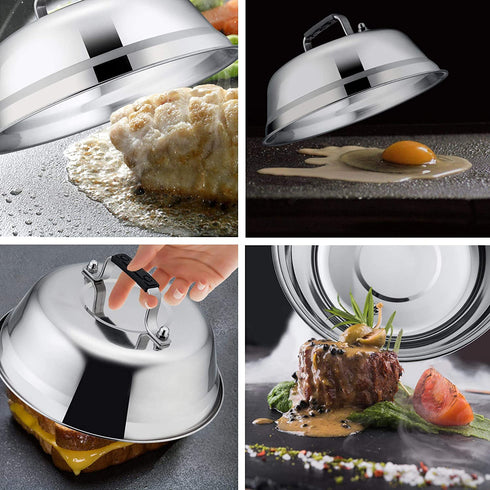 Cheese Melting Dome Set of 2, Leonyo 12" & 9" Metal Steam Basting Cover for Griddle Grill, Heavy Duty Stainless Steel Griddle Accessories for BBQ Flat Top Kitchen Cooking Hamburger, Heat Proof Handle